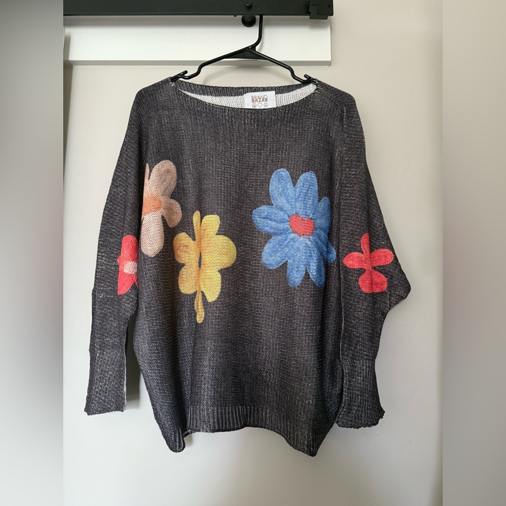 Brand Bazar Made in Italy Floral Knit Sweater Charcoal Grey Long Sleeve Women’s